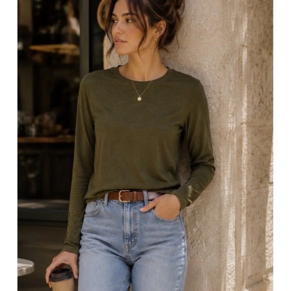 Sonoma Everyday Tee Women’s L Olive Green 100% Cotton Long Sleeve Knit Top